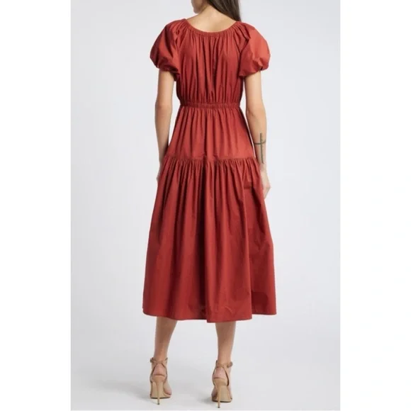 MOON RIVER | Cotton Puff Sleeve Tiered Midi Dress in Brick, Size Large - Picture 2 of 12